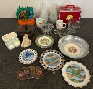 Vintage Items Including Lunchbox, Bugs Life Moving Figure Toy, Oil Lamp Covers, Dennys, Mcdonald&rsquo;s & Olympics Cups & More