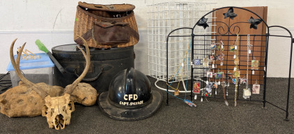 Antique Fishing Bag, Firefighter Hat, Deer Antlers, Reptile Cage with Heating Pad And More