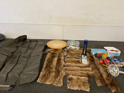 Fur Pelts, Embroidery Thread, 5 Cans of Butane, Lazy Susan, Garment/ Travel Bag And More
