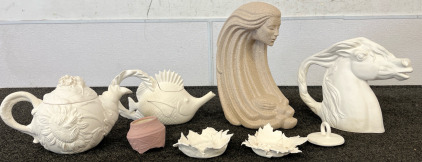 Clay Pottery Of A Fish Teapot, Sunflower Teapot, Horse Pitcher And More