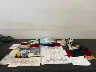 Embroidered Pillow Cases, Table Cloth, Velvet Pieces, An Iron, Cow Fabric, Sony Discman, And More