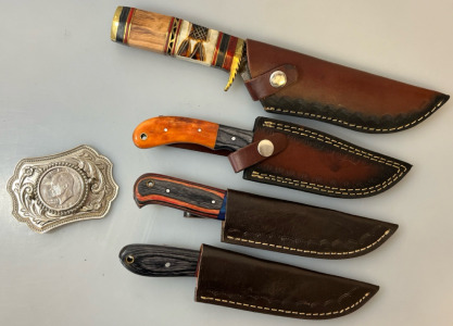 (4) Engraved Knives With Decorative Handles & Sheaths & Vintage Belt Buckle With 1972 Eisenhower Dollar Coin