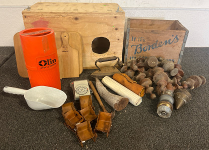 Animal Nesting Box, vintage Olin Alert/Locate Marine Signal Kit, Turned Wood Finals, Antique Cast Iron &ldquo;Sad Iron&rdquo; & More