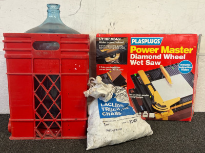 5 Gallon Reid Valve Co. Glass Water Jug & Crate Plasplugs Power Master Diamond Wheel Wet Saw & Truck Tire Chains