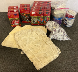 20+ Boxes Of White & Multicolored Christmas Lights, Rope Lights & Mesh Cloth