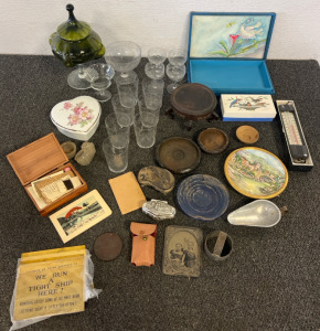 Vintage / Antique Items &mdash; Candy Jar, Glass Sets, Boxes, Thermometer, & Nick Nacks