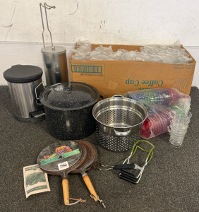 Lots Of Reusable Plastic Cups & Margarita Glasses, Canning Pots & Racks, Bathroom Toilet Paper Holder & Trashcan