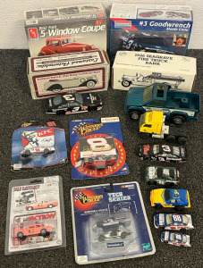 AMT 1934 Ford 5-Window Coupe Street Rod 1:25 Scale Model Kit, Monogram 1:24 scale model kit of Dale Earnhardt's #3 Goodwrench Monte Carlo NASCAR race car, Eastwood Series II 1936 Dodge Convertible Sedan die-cast model, ERTL 1926 Seagrave Fire Truck Bank