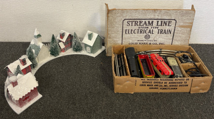 vintage Louis Marx & Co. Stream Line Steam Type Electrical Train Set in Original Box & Snowy Town Decoration