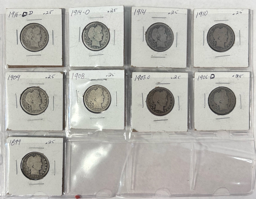 (9) Vintage Barber US Quarters (1899-1916)