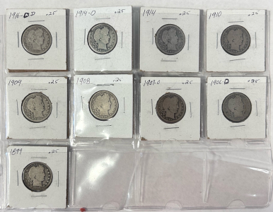 (9) Vintage Barber US Quarters (1899-1916)