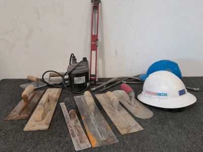 (8) Plastering Trowels, (2) Hard Hats, Flotec Submersible Utility Pump, Level & More