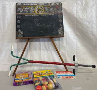 Vintage Pogo Stick, Vintage Mickey Mouse Chalkboard Easel, Set of Billiard Balls, Vintage Puzzles and Game.