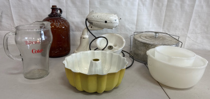 Antique Mixer, Vintage Aluminum Cake Carrier, Vintage White Milk Glass Mixing Bowls, Bunt Cake Pan, Coke Cola Pitcher, Vintage Amber Glass Bleach Bottle.