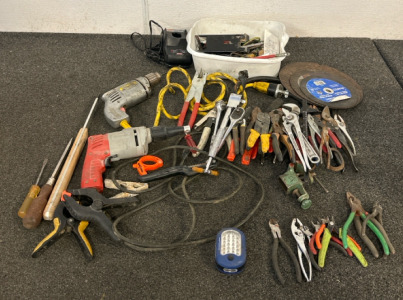 Milwaukee Hand Drill (Unable To Test), Milwaukee Heavy Duty Electric Screw Shooter (Tested-Working), Pliers and Wrenches, Grinding/Cutting Discs, Clamps and Vises, Assorted Hand Tools