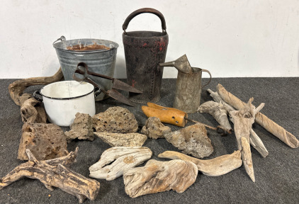 Antique 18th Century Leather Metal Studded Fire Bucket Country House Iron Hoops, Vintage Galvanized Metal Oil Can, Vintage White Enamel Stockpot with Black Trim, Vintage Galvanized Metal Bucket, Victorian Vintage Shoe Stretcher, Vintage Challi Sheep Shea