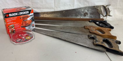 Black & Decker Random Orbit Sander with One Extra Sanding Disc, Collection of Vintage Hand Saws.