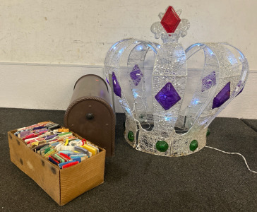 Working Gemmy 2 Ft, By 2 Ft. Crown With White, Green And Purple, LED Lights, Vintage Brown U.S. Mail Mailbox, And Box of Ribbon For Sewing