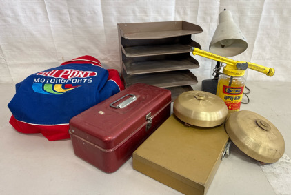 Antique Gold Alarms, Tackle Box, DuPont Motorsport Medium Jacket, Ortho Bug Spray Gun, Slides Tray, Desk Lamp.