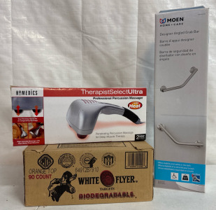 Professional Percussion Massager with Heat, Moen Designer Angled Grab Bar, Partial Box of Orange Top White Flyer Biodegradable Targets.