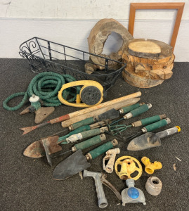 Wood Stump Pieces & Gardening Supplies Including Planter Basket, Shovels & Hoes, Hose & Sprinkler Attatchments