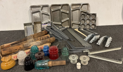 Stainless Steel Military Style Mess Tray, Vintage Enamel Muffin Baking Pan and Loaf Pans, Wooden Insulators, Vintage Glass Insulators - Aqua Blue, Red, Dark Green, Light Brown, Dark Brown, Crackled Glass, Shelving Brackets and Joist Hangers.