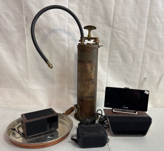 Vintage Fyr Fyter "The Captain" Brass Pump-Type Hand Fire Extinguisher, Cavalier The Air Bluetooth/Wifi Home Speaker System, Desktop Clock Radio with Wireless Charging for your Phone, Reacher Digital Alarm Clock, Braven HD Portable Wireless Bluetooth Spea