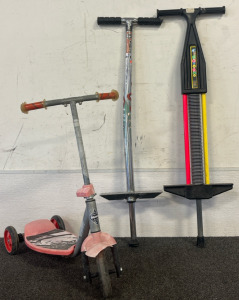 (2) Pogo Sticks & Kids Scooter