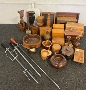 (3) Skewers & Wooden Decor Including Trays, Boxes, Candle Holders & More