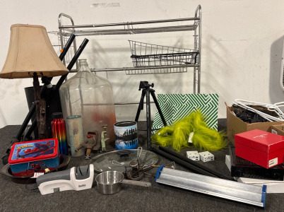 Stainless Steel Shelf, Rustic Lamp, Big Glass Jug, Smith&rsquo;s Electric Knife Sharpener, Ubeesize TR50 Tripod, Miscellaneous Household Odds and Ends.
