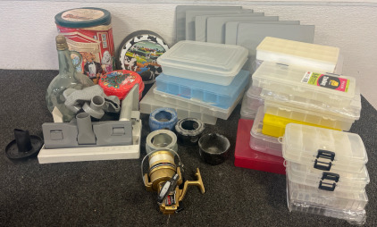 Vintage Cookie Tins & Glass Jar, Binders, Plastic Organizers, Vacuum Accessories, Vintage Daiwa GS-60 Spinning Reel & More