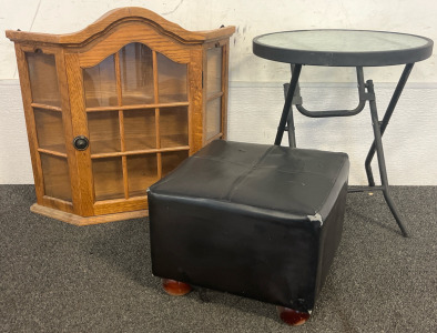 Hanging Glass Display Cabinet, Outdoor Side Table & Foot Stool