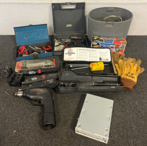 Tools Including Nail Gun Ammo, Sears Craftman Drills, Collapsable Fishing Pole, Gun Cleaning Kit & More