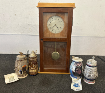 Antique Vintage Clock With Amzing Wood Detail, Miller Beer 2001 Norman Rockwell "Bottom Of The Sixth" Collector's Stein, Vintage 1979 Avon Classic Car Stein, Vintage German Brown Beer Stein 12&rsquo; &ldquo;Auf&rsquo;s Wohl Mir Gef&uuml;llr Įm Pokale.&rdquo;, And AVON Tribute to Amer