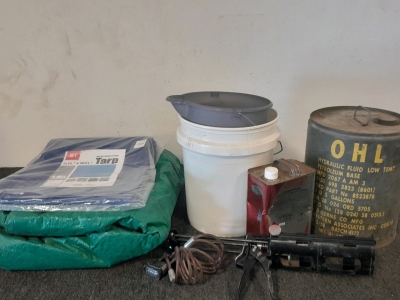 Hydraulic Fluid, Camp Fuel, (2) Tarps, Caulking Gun, Buckets & More