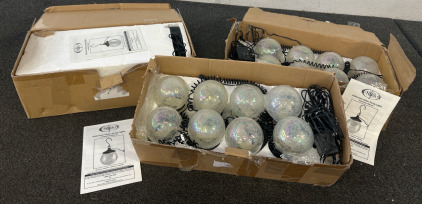 3 Brand New Unused Boxes Of Sun Scape Iridenscent Globe String Lights (Unable To Test) With Wind Machine Fan (Not Working)