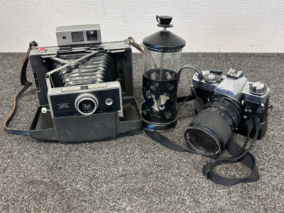 Vintage Polaroid 250 Camera , Minolta XD11, And A Disney Coffee Press
