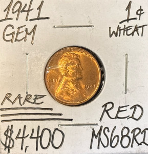 1941 RARE Gem Wheat Penny MS68RD