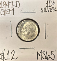 1947-D MS65 GEM Silver Roosevelt Dime