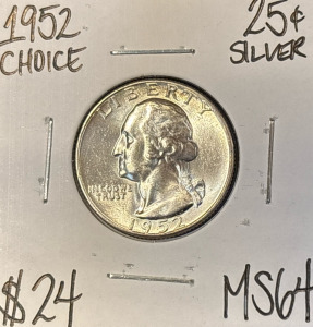 1952 MS64 Choice Silver Washington .25c