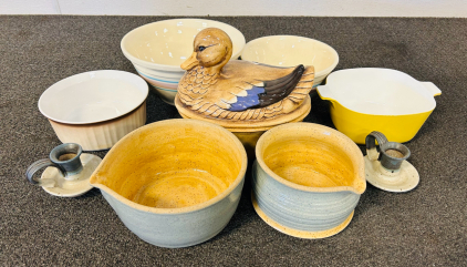 Vintage Oven/ Bakeware Dishes and (2) Ceramic Candle Holders