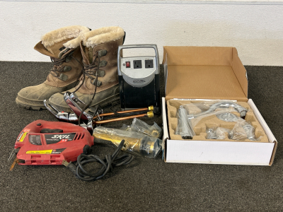 Skil Variable Speed Jig Saw, Premier Lavatory Faucet, Pro Flo Two Handle Roman Tub Trim Kit, Pair Of Mens Boots Size (9) And More