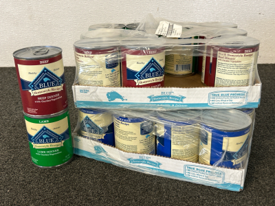 (24) Cans Of Unopened Blue Buffalo Co. Blue Homestyle Recipe Pet Dinners (Beef, Lamb, and Chicken)