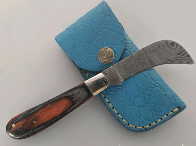 Hand Boline Damascus Folding Pocket Knife By Hunting Hawk Inc With Sheath- New