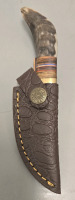 Hand Made Damascus Steel Hunting Knife By Hunting Hawk Inc With Horn Handle And Leather Sheath- Brand New - 4