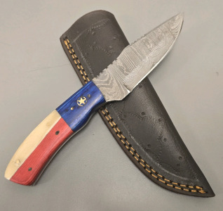 Hand Made Damascus Steel Hunting Knife By Hunting Hawk Inc With American Themed Handle And Leather Sheath, Full Tang- Brand New