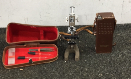 Antique Empire Microscope, Vintage Triumph Walkie-talkie