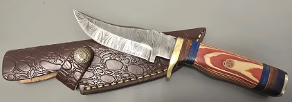 Hade Made Damascus Hunting/Skinning Knife By Hunting Hawk Inc With Leather Sheath- Brand New