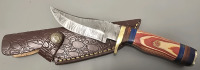 Hade Made Damascus Hunting/Skinning Knife By Hunting Hawk Inc With Leather Sheath- Brand New