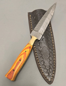 Hand Made Damascus Steel Boot Knife By Hunting Hawk Inc With Leather Sheath, Full Tang- Brand New